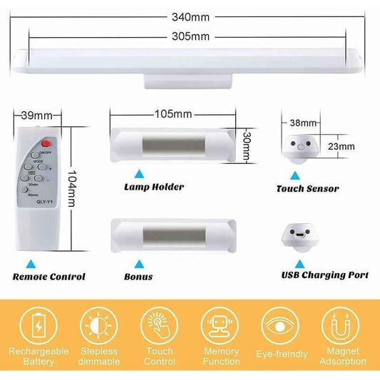 Dimmable LED Cupboard Light with Remote Control & Touch Rechargeable Wall Lamp - 34 cm