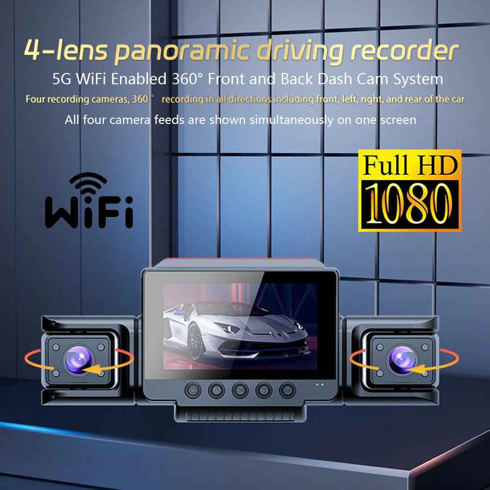 4 Channel Dashcam 1080P FHD 170° Wide Angle with G-Sensor and 64GB Card