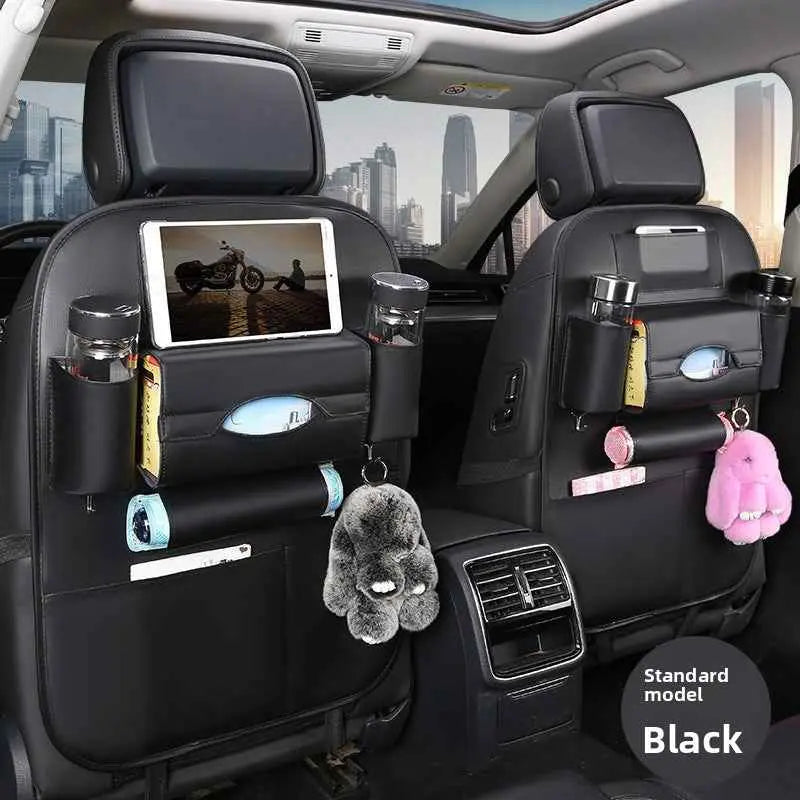 2-PCS Black PU Leather Car Back Seat Organizer Kick Mat with Touch Screen Tablet Holder Multi-Pocket Travel Storage Bag