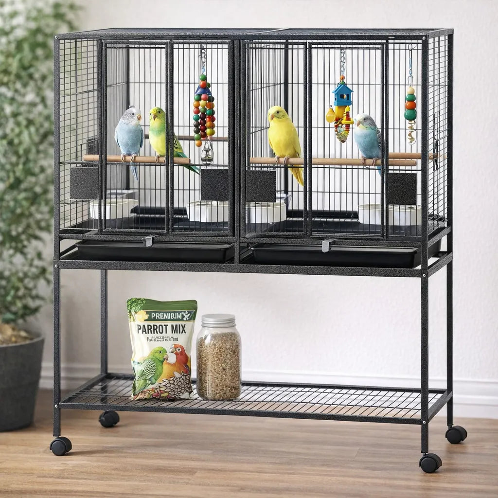 i.Pet 106cm 2-in-1 Bird Cage Aviary with Divider Parrot Budgie Wheels Black