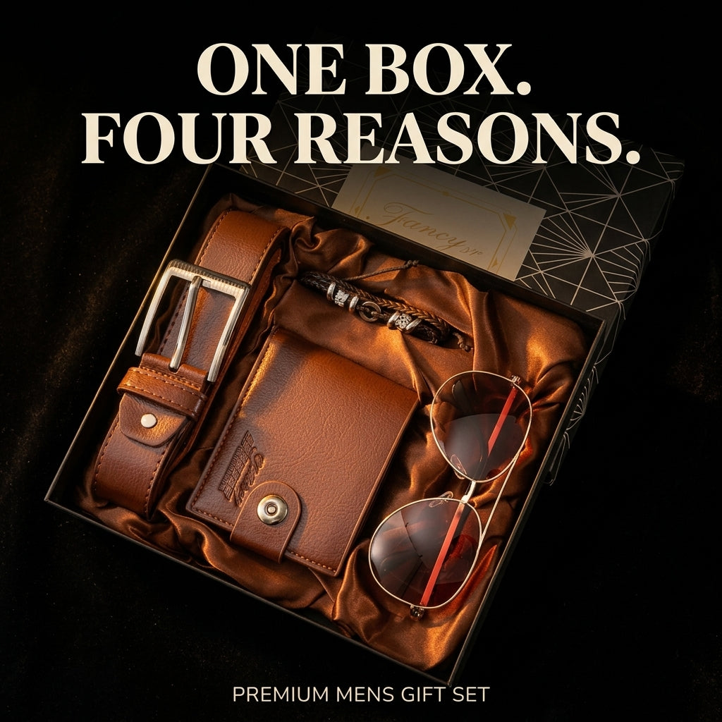 Brown 4-Piece Men's Leather Gift Set - Luxury Wallet, Belt, Sunglasses & Bracelet in Gift Box for All Occasions