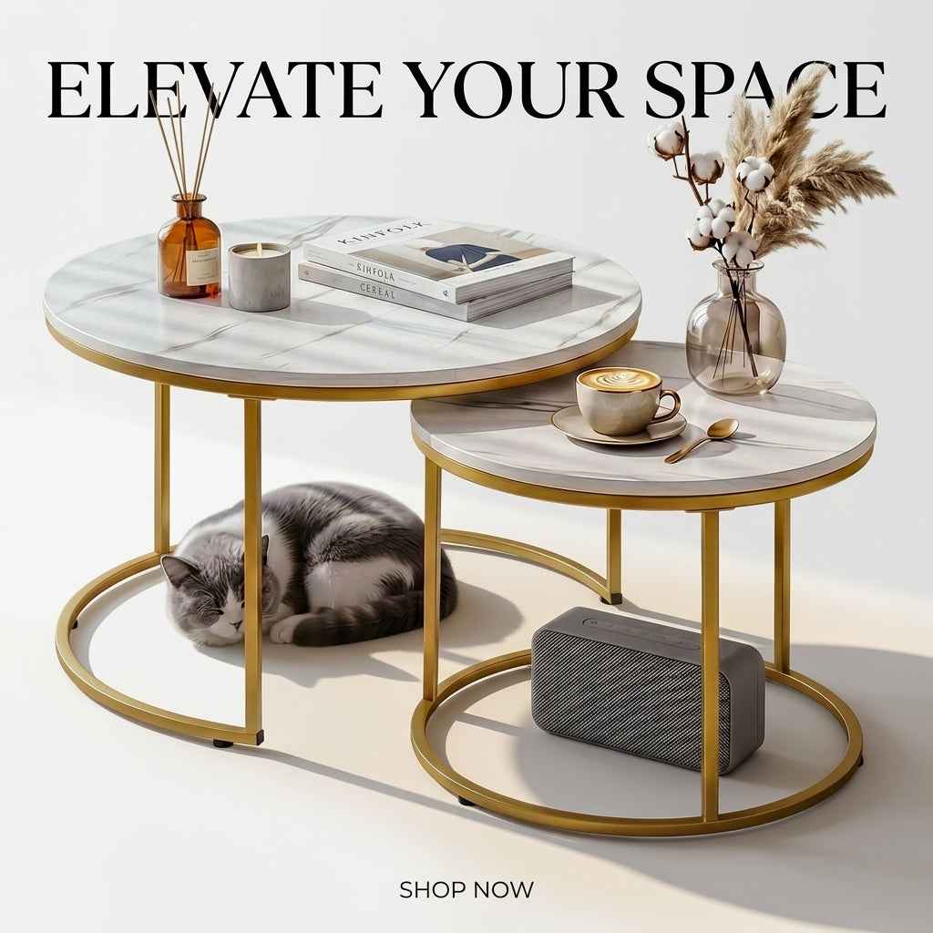 Artiss Round Marble Coffee Table Set of 2 - White & Gold, 70/50cm