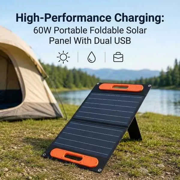 60W 18V Portable Solar Panel Kit Dual USB Port Monocrystalline Folding Solar Charger with Support Bracket for Outdoor Camping
