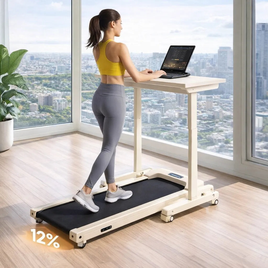 Everfit 3 in 1 Walking Pad Treadmill 12% Incline Foldable Under Desk Treadmills for Home 38cm Beige