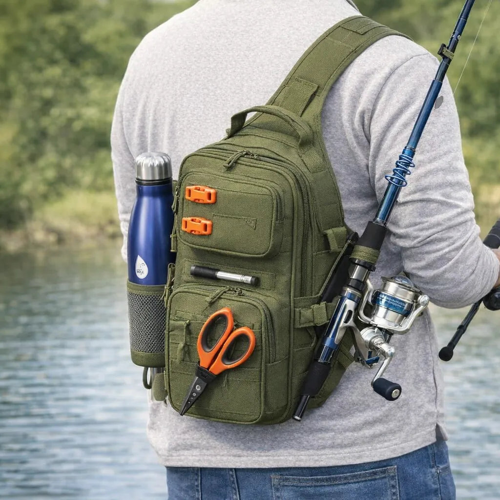Fishing Sling Bag for Anglers, Perfect for Remote Fishing Adventures, Hiking, Kayaking (Olive Green)