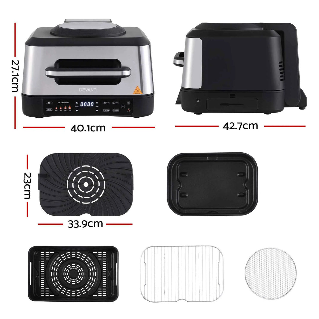 Devanti 5-in-1 Electric BBQ Grill Air Fryer, 2200W 8L Smart Thermometer