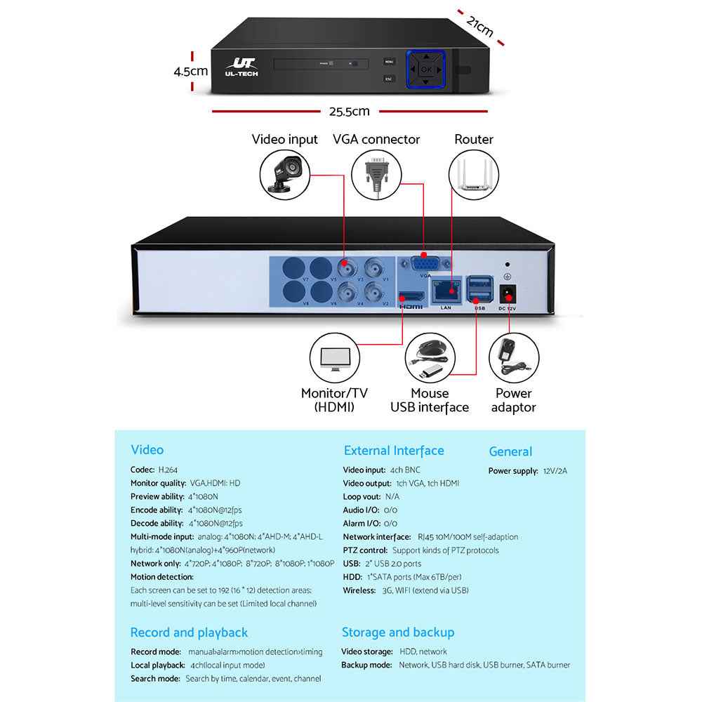 UL-TECH 1080P Security Camera System 4CH DVR with 4 CCTV Square Cameras