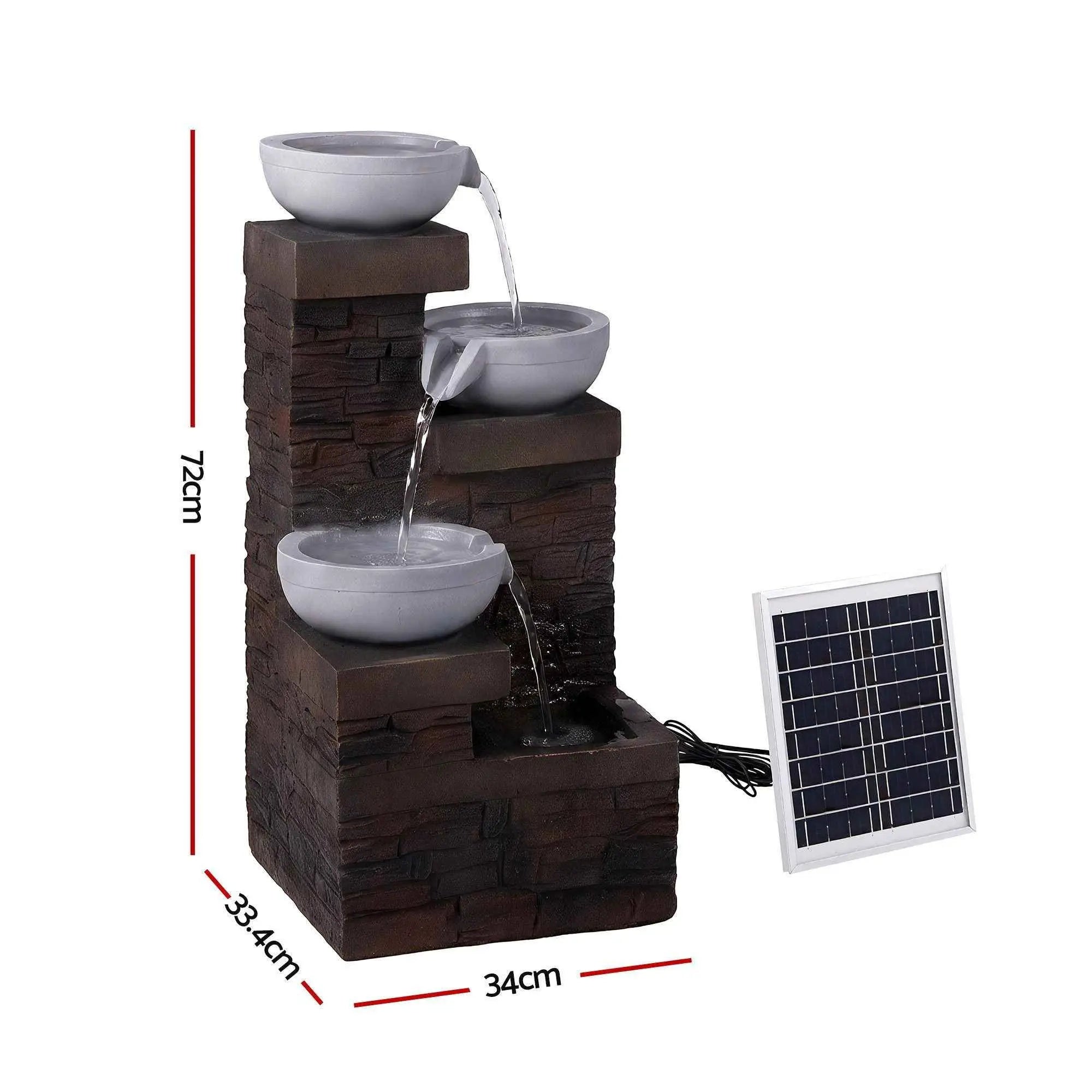 Gardeon Solar Fountain 4 Levels Cascading Bowl Water Feature 75cm Brown