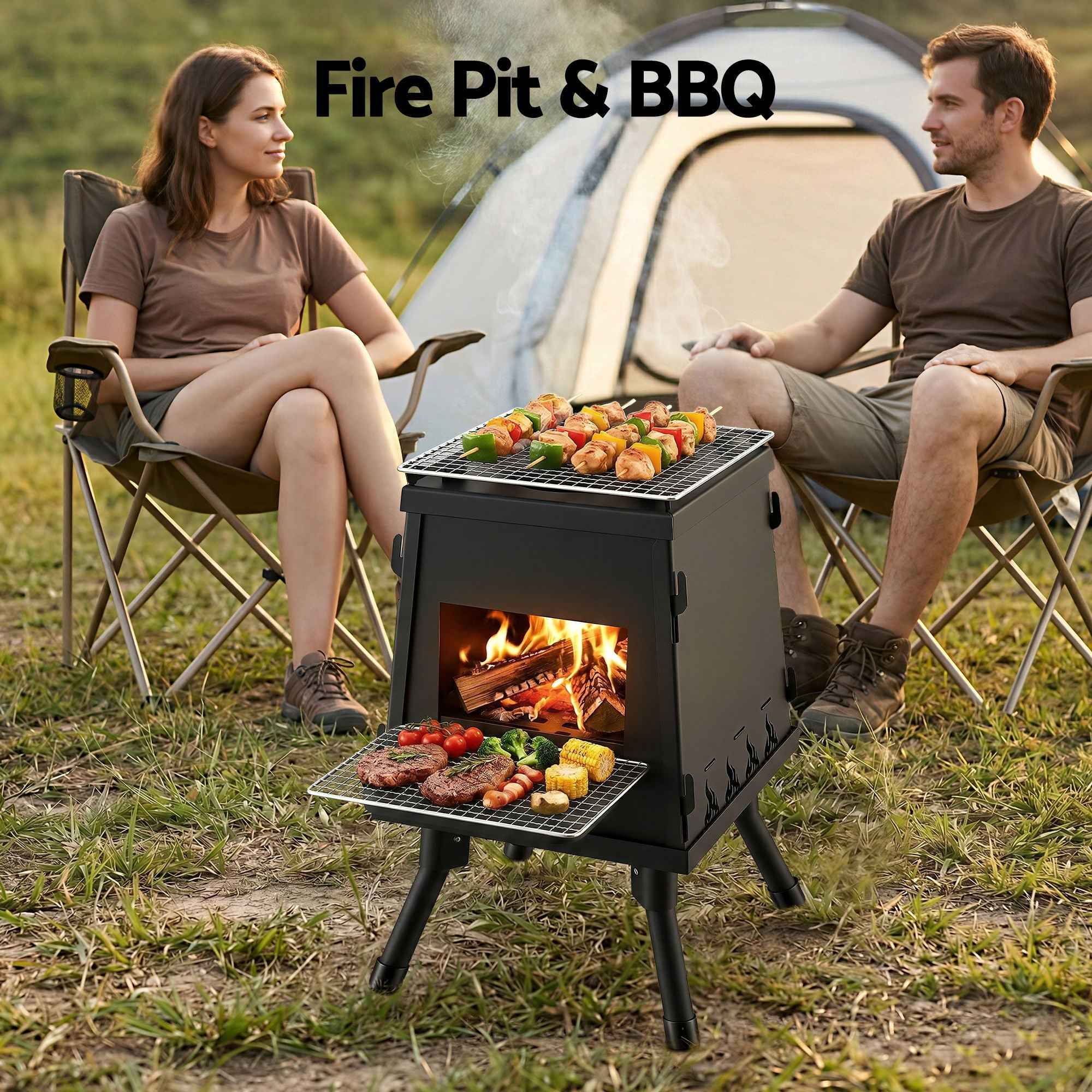 Grillz Portable Outdoor Fire Pit BBQ Metal Camping Stove for Boiling Water and Picnics