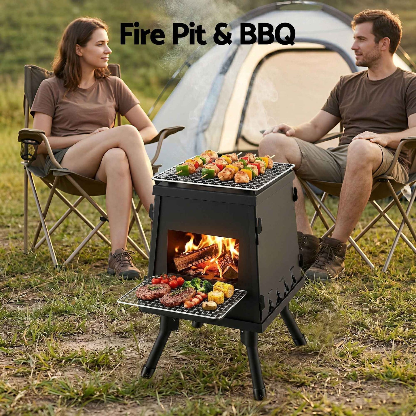 Grillz Portable Outdoor Fire Pit BBQ Metal Camping Stove for Boiling Water and Picnics