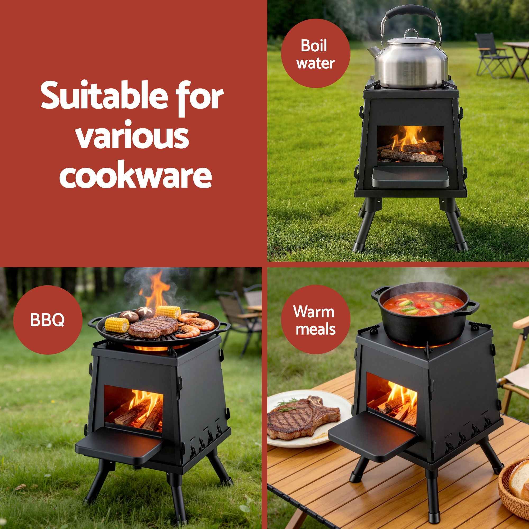 Grillz Portable Outdoor Fire Pit BBQ Metal Camping Stove for Boiling Water and Picnics