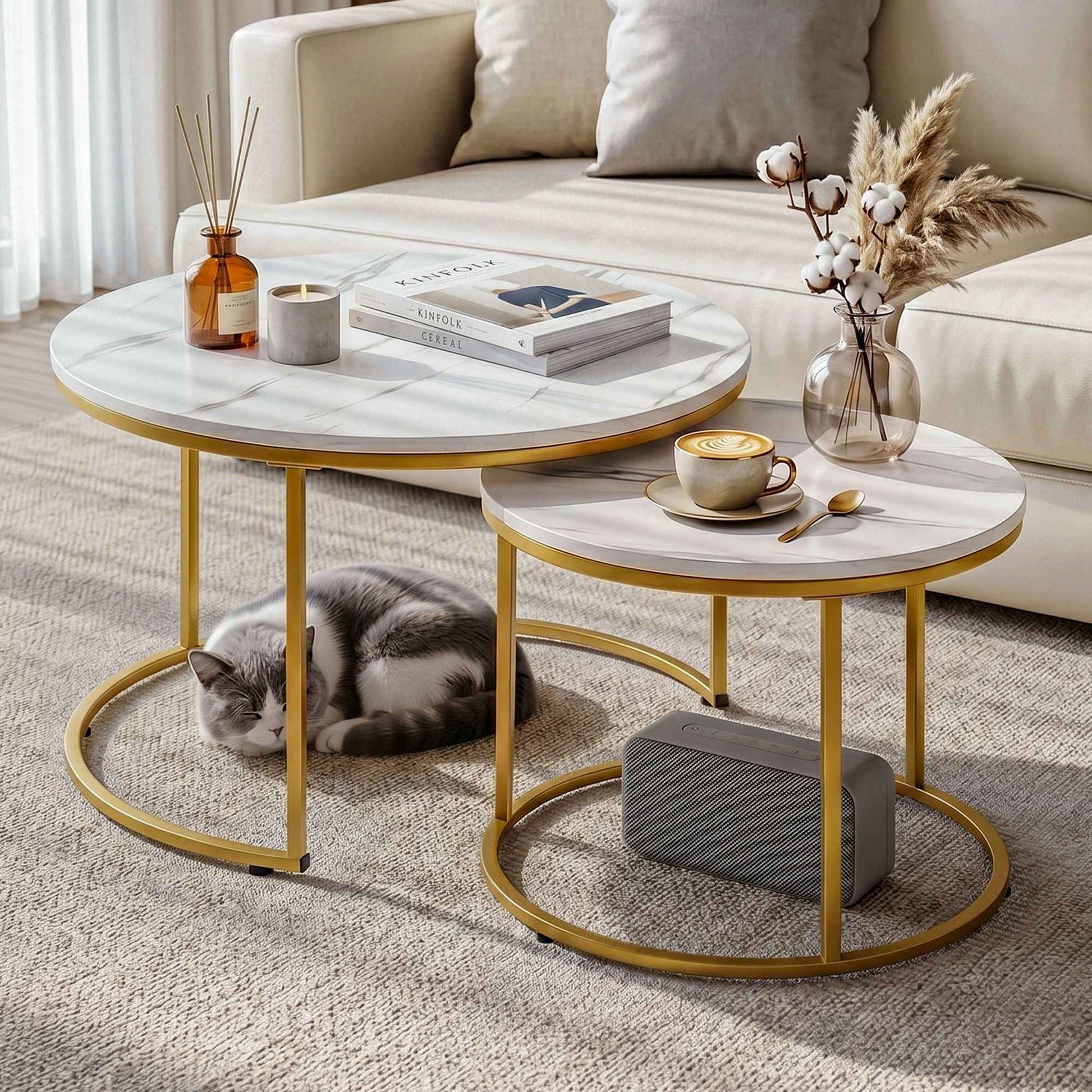 Artiss Round Marble Coffee Table Set of 2 - White & Gold, 70/50cm