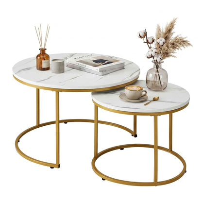 Artiss Round Marble Coffee Table Set of 2 - White & Gold, 70/50cm