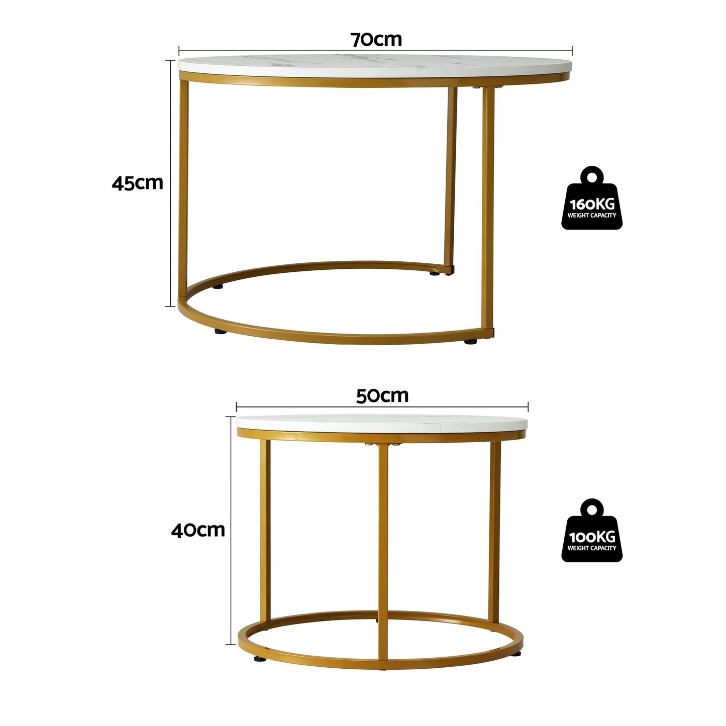 Artiss Round Marble Coffee Table Set of 2 - White & Gold, 70/50cm