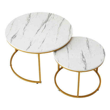 Artiss Round Marble Coffee Table Set of 2 - White & Gold, 70/50cm