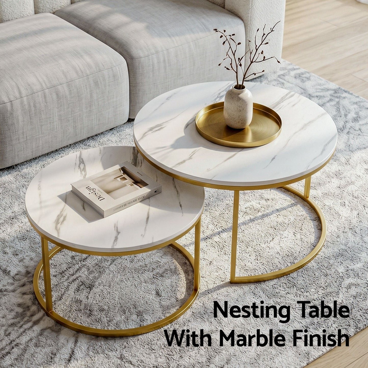 Artiss Round Marble Coffee Table Set of 2 - White & Gold, 70/50cm