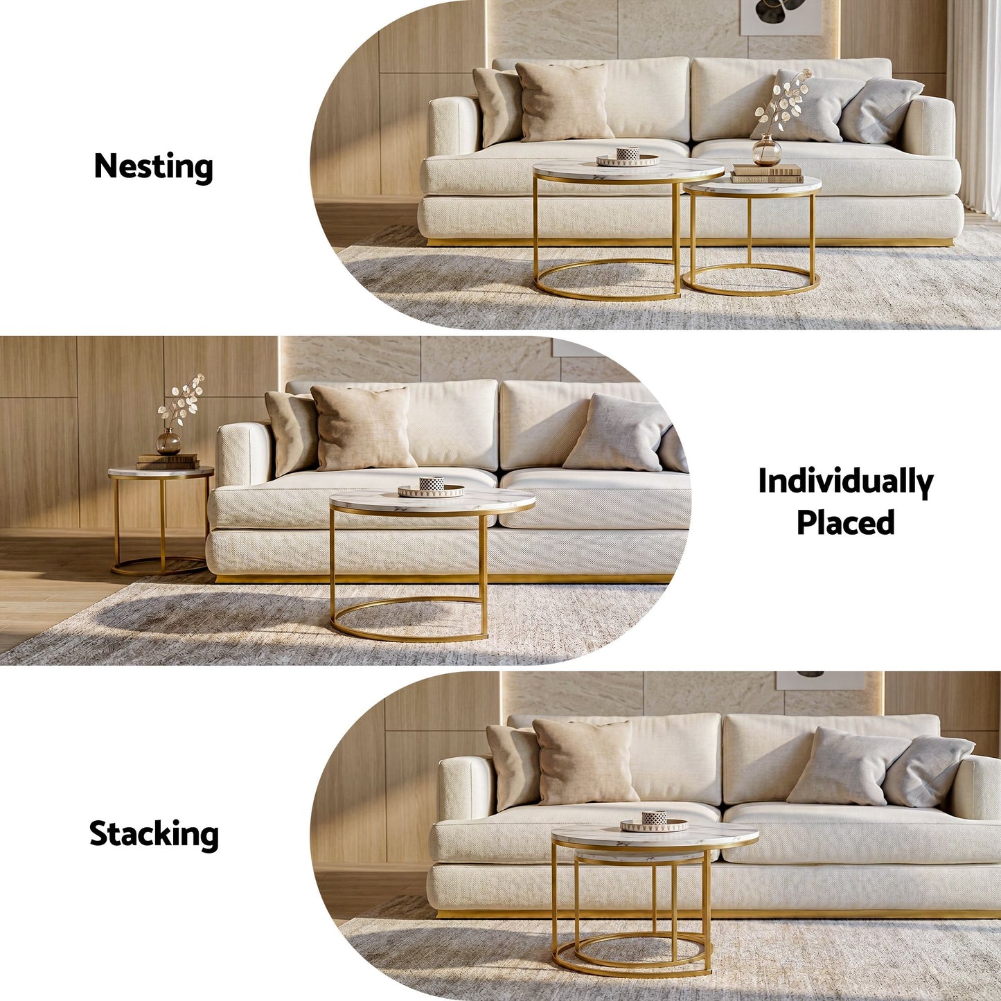 Artiss Round Marble Coffee Table Set of 2 - White & Gold, 70/50cm