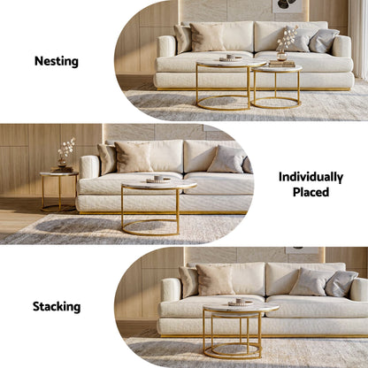 Artiss Round Marble Coffee Table Set of 2 - White & Gold, 70/50cm
