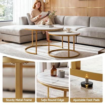Artiss Round Marble Coffee Table Set of 2 - White & Gold, 70/50cm