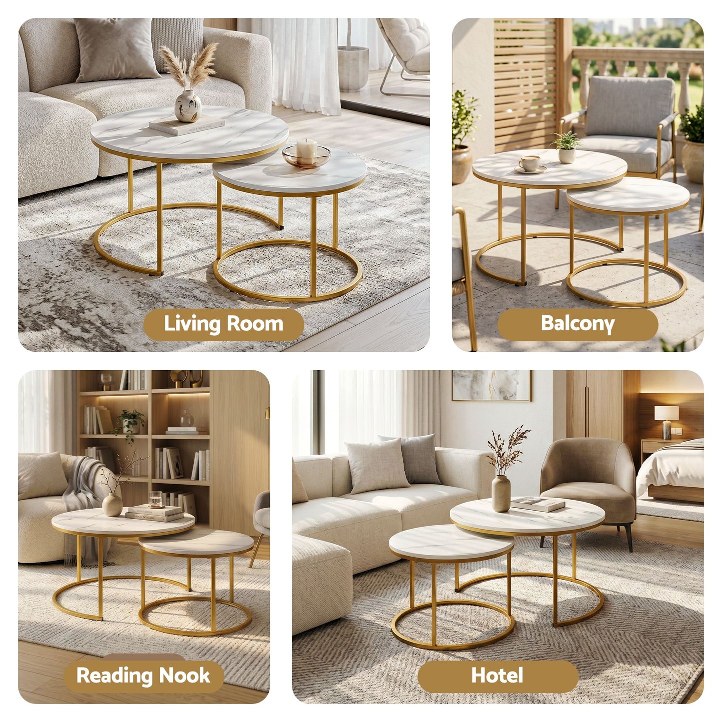 Artiss Round Marble Coffee Table Set of 2 - White & Gold, 70/50cm