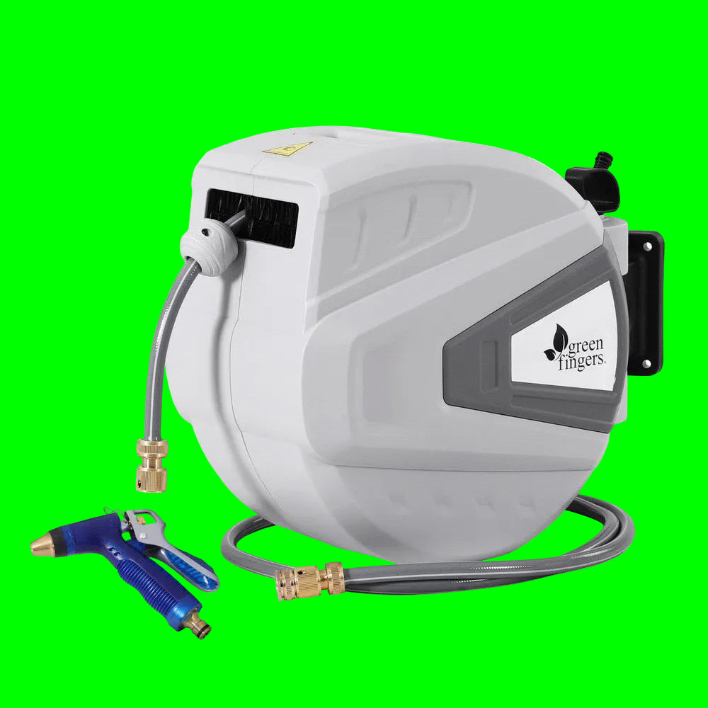 Green Fingers 30M Retractable Garden Hose Reel with Auto Rewind and Wall Mount Spray Gun