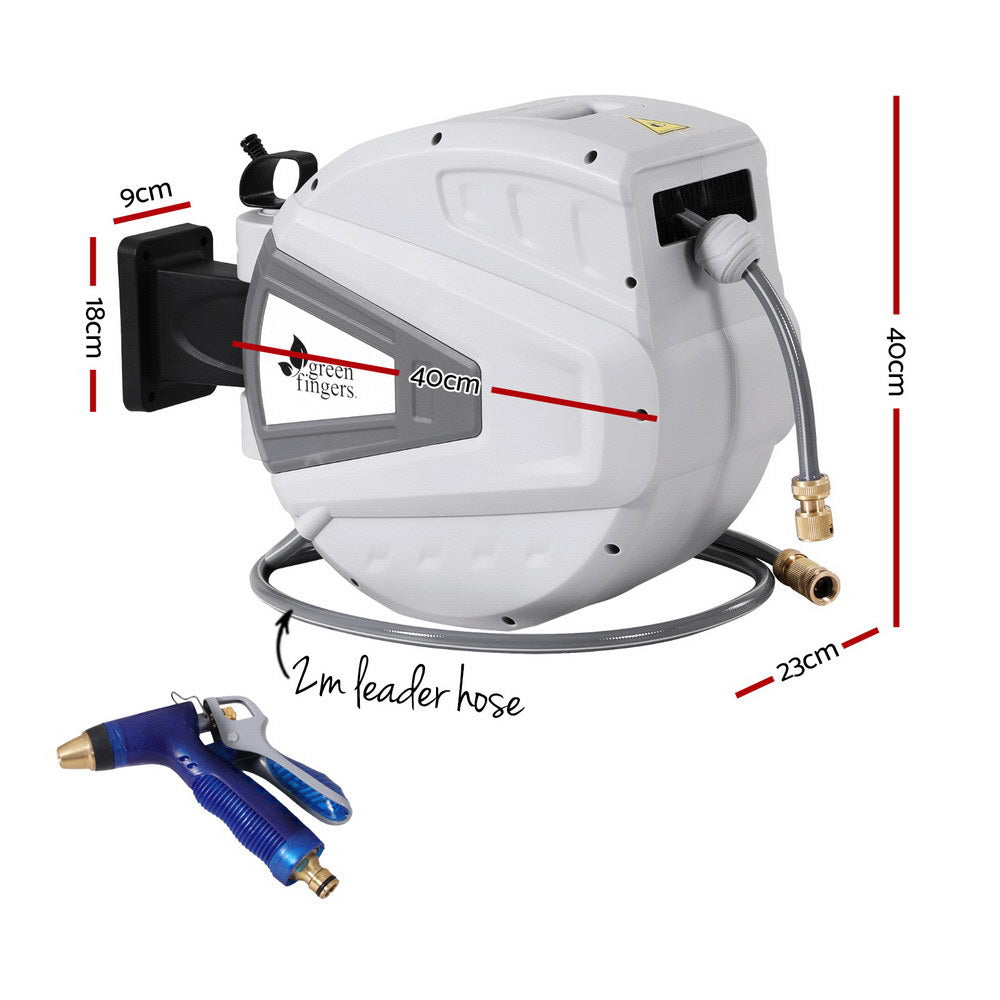 Green Fingers 30M Retractable Garden Hose Reel with Auto Rewind and Wall Mount Spray Gun