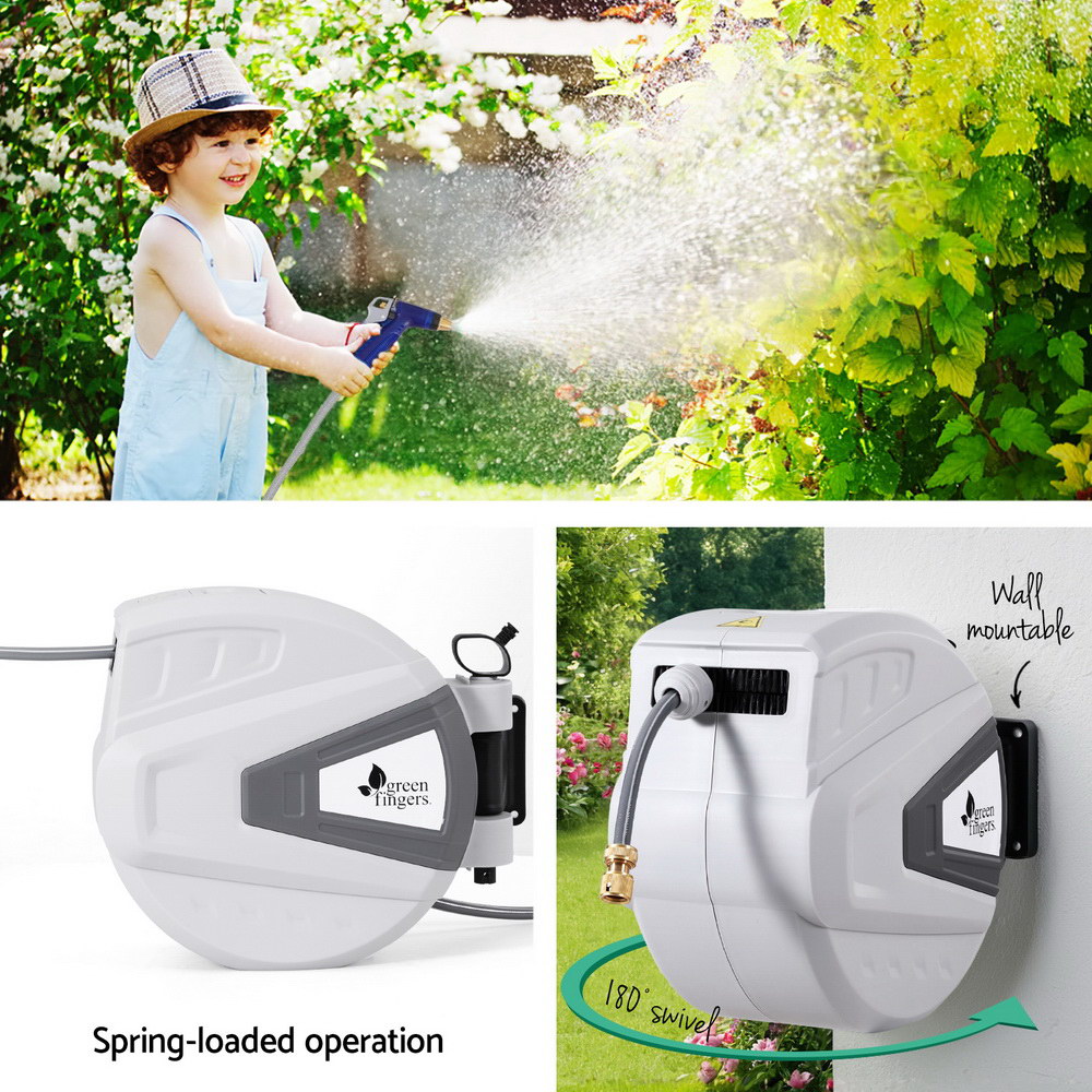 Green Fingers 30M Retractable Garden Hose Reel with Auto Rewind and Wall Mount Spray Gun