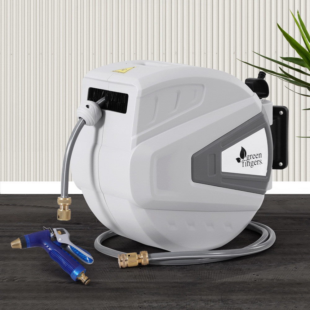 Green Fingers 30M Retractable Garden Hose Reel with Auto Rewind and Wall Mount Spray Gun