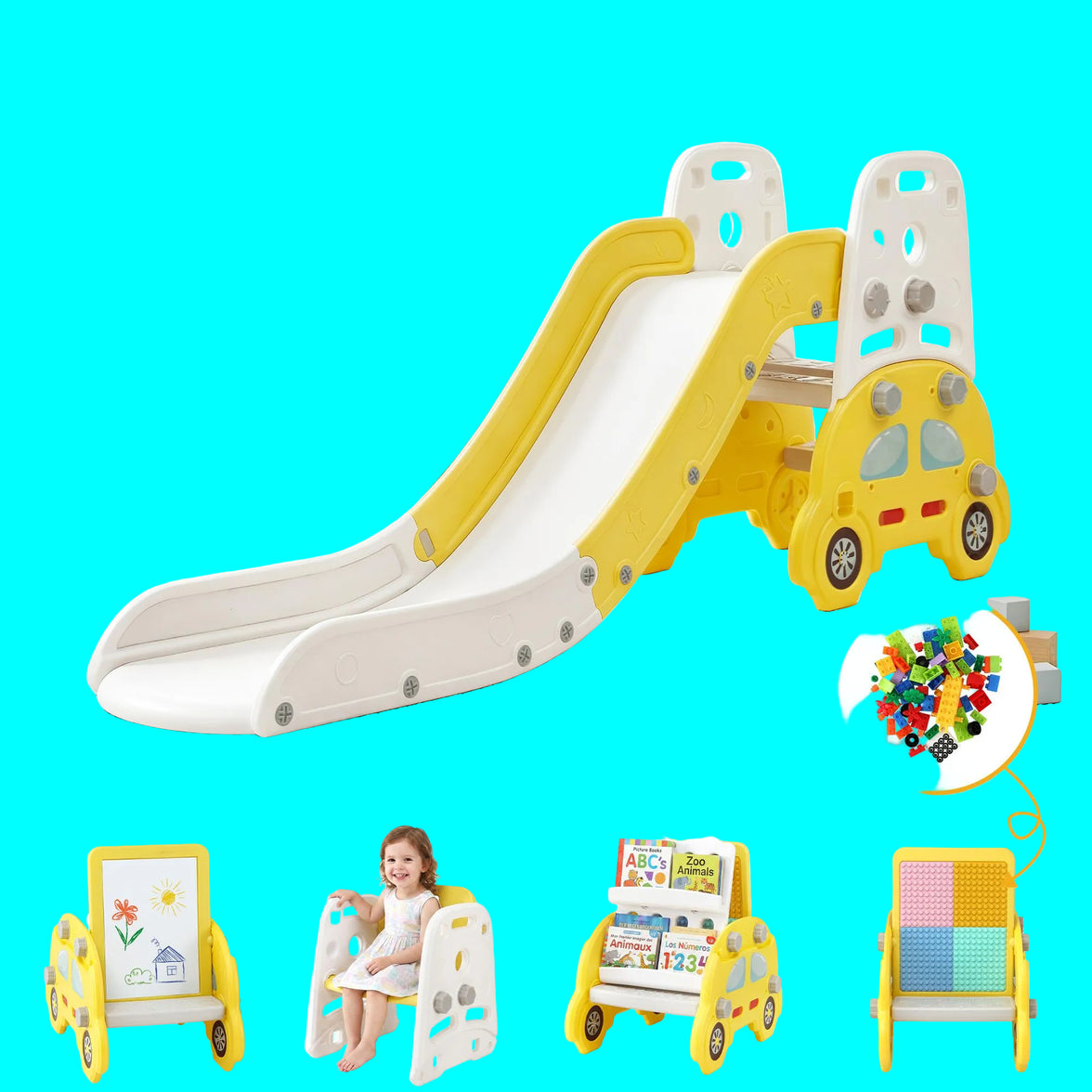 Keezi Kids Slide Set Toddler Indoor Playset Bookshelf Drawing Board Yellow