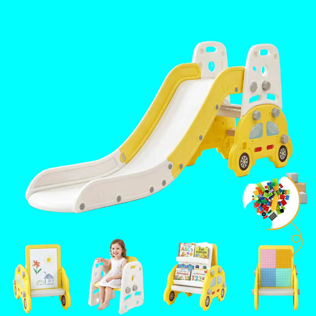 Keezi Kids Slide Set Toddler Indoor Playset Bookshelf Drawing Board Yellow