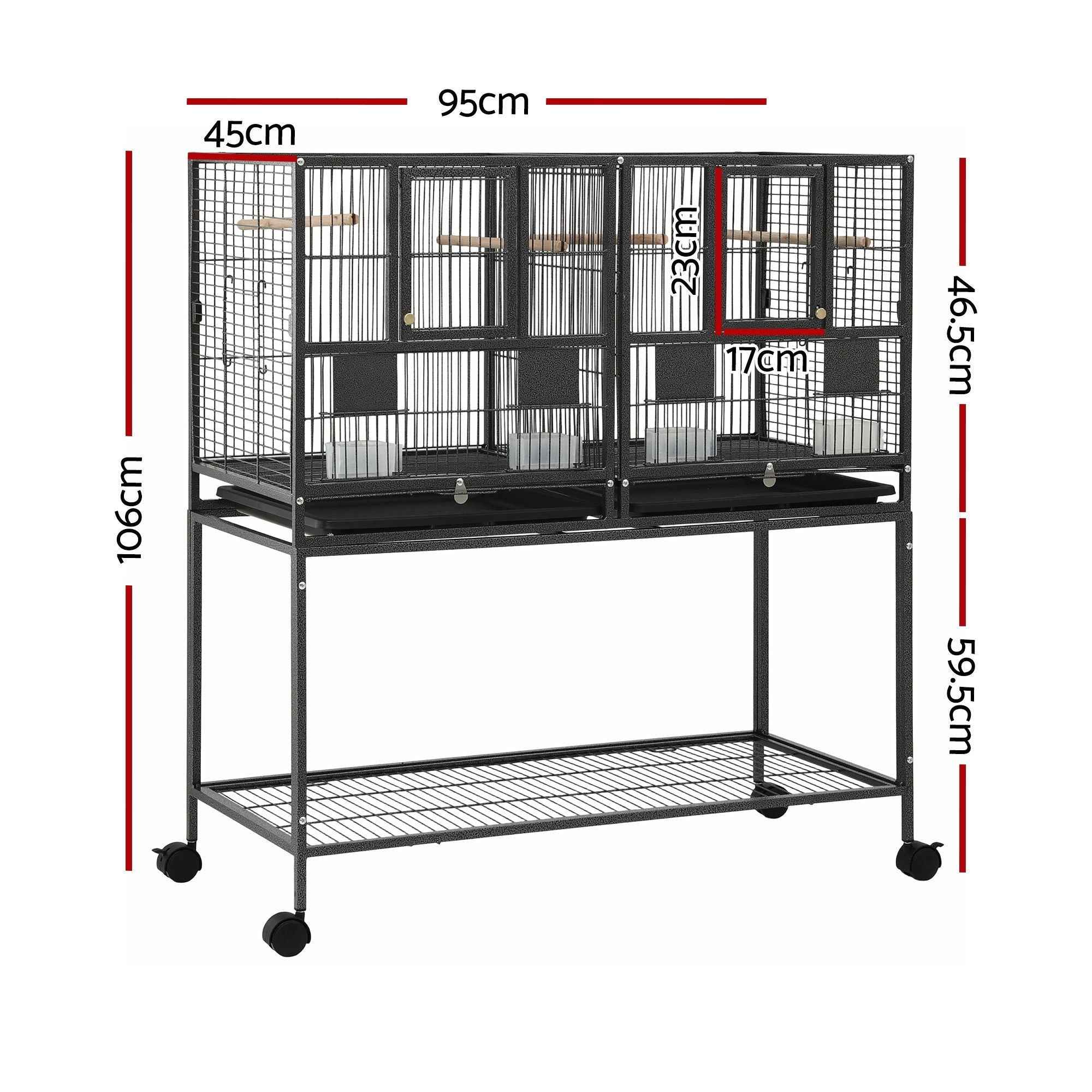 i.Pet 2-in-1 Bird Cage Aviary with Divider for Parrots and Budgies on Wheels - 106cm Black