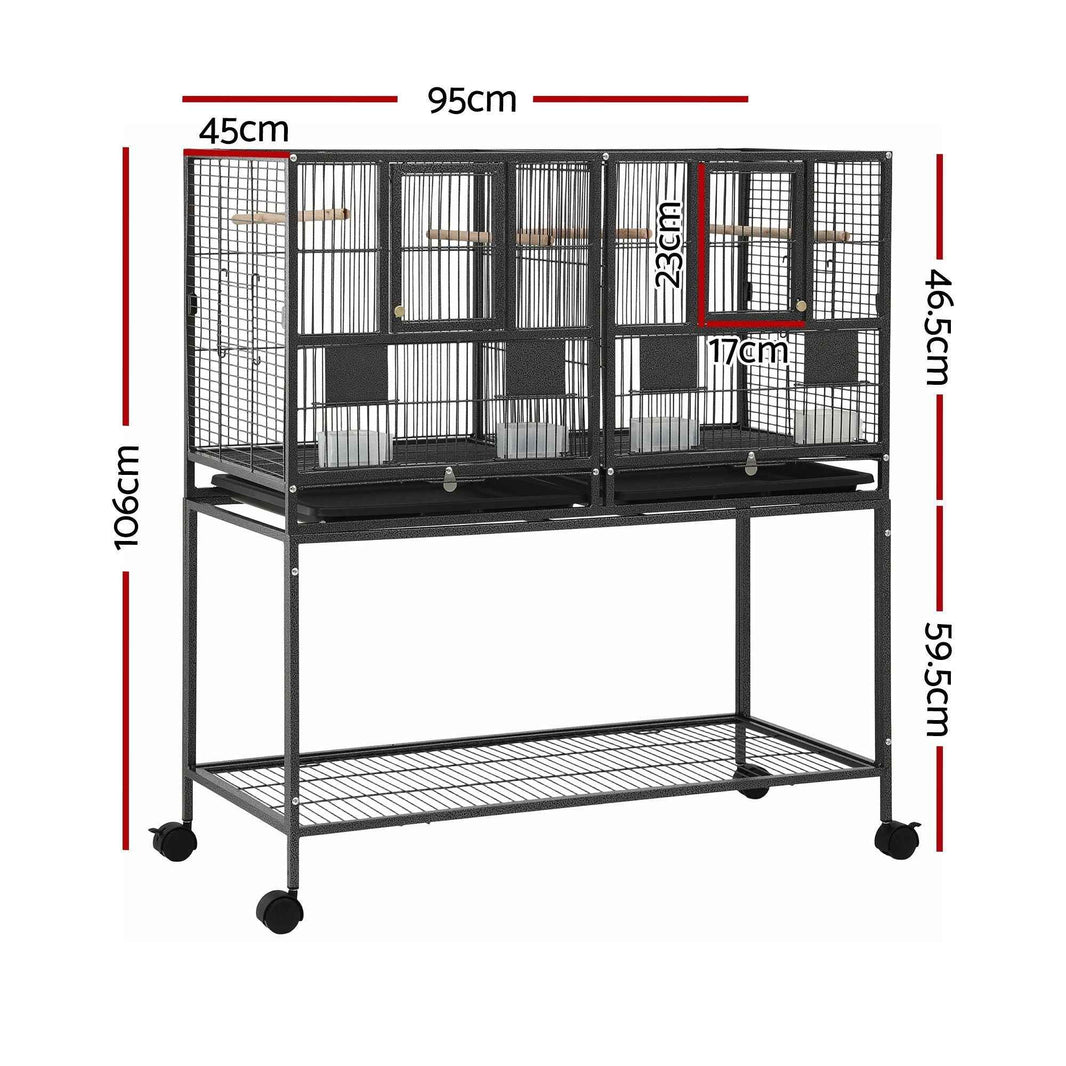 i.Pet 2-in-1 Bird Cage Aviary with Divider for Parrots and Budgies on Wheels - 106cm Black