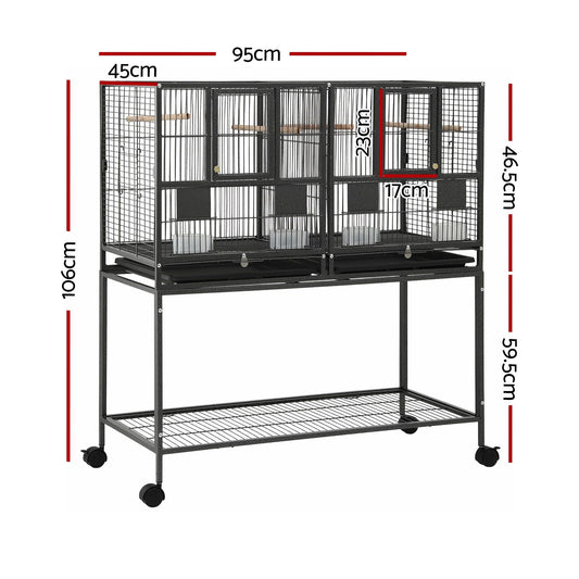 i.Pet 2-in-1 Bird Cage Aviary with Divider for Parrots and Budgies on Wheels - 106cm Black