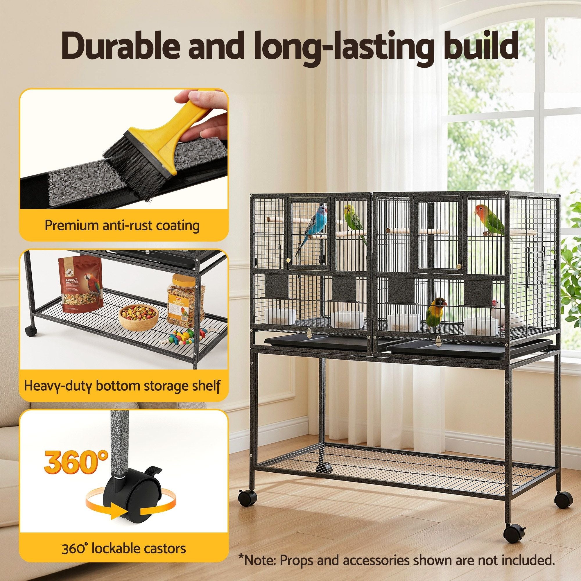 i.Pet 2-in-1 Bird Cage Aviary with Divider for Parrots and Budgies on Wheels - 106cm Black