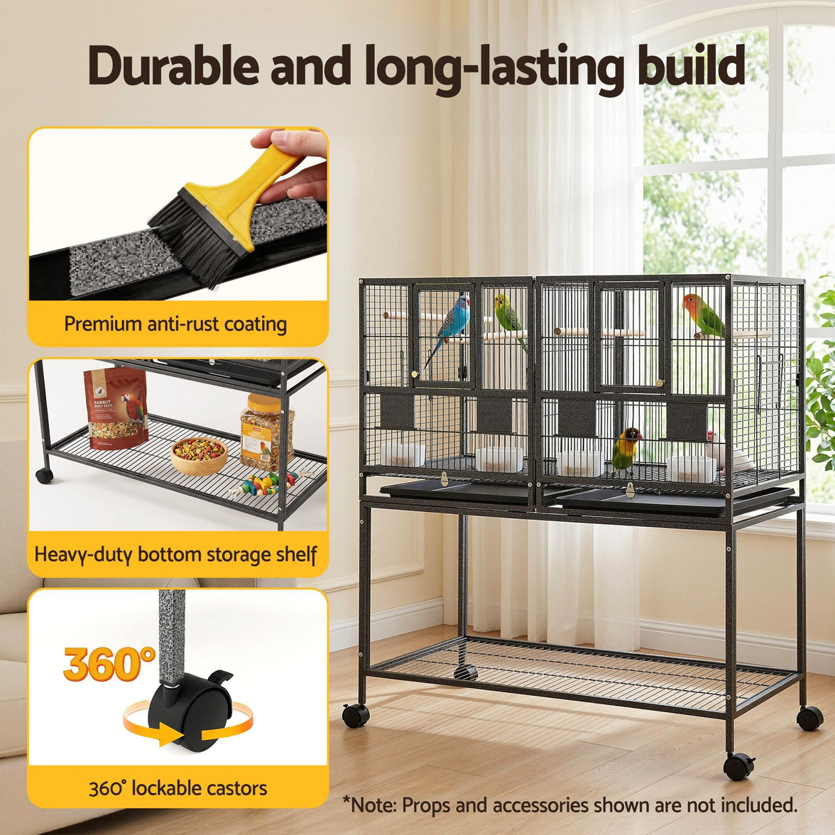 i.Pet 2-in-1 Bird Cage Aviary with Divider for Parrots and Budgies on Wheels - 106cm Black