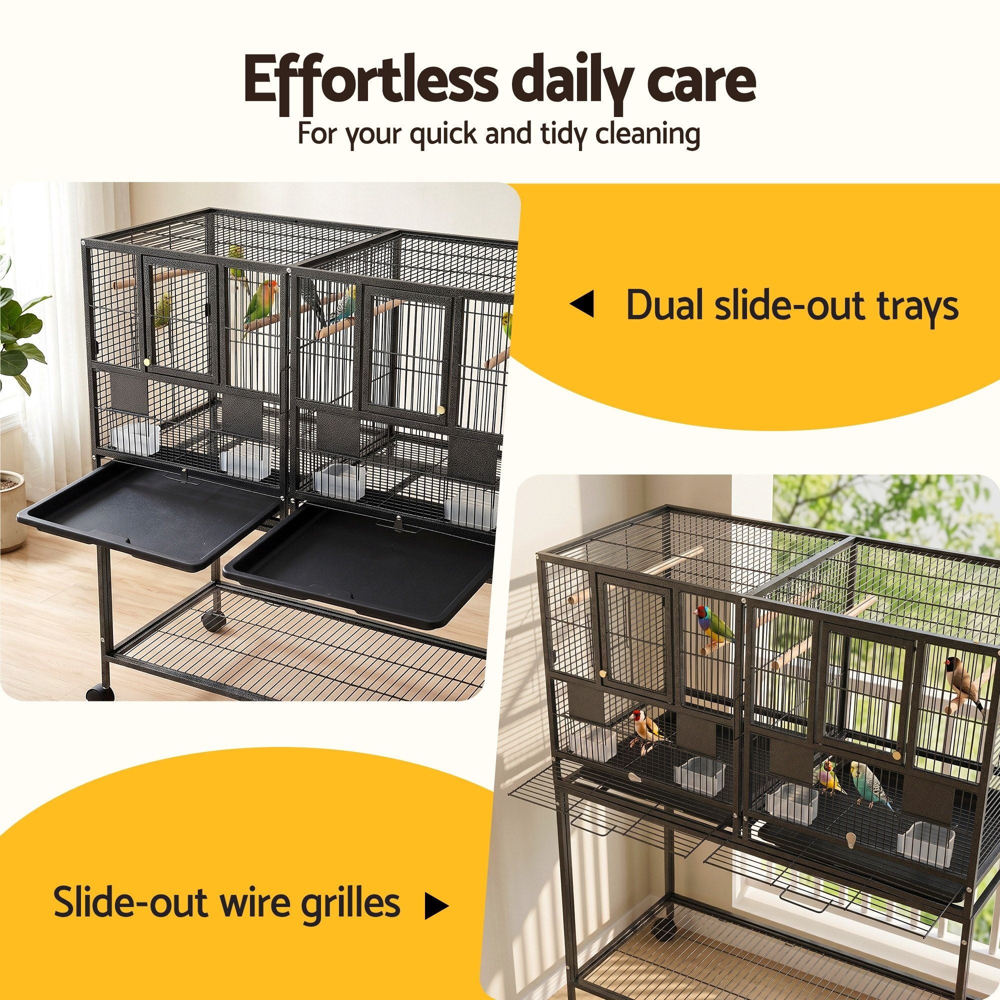 i.Pet 2-in-1 Bird Cage Aviary with Divider for Parrots and Budgies on Wheels - 106cm Black