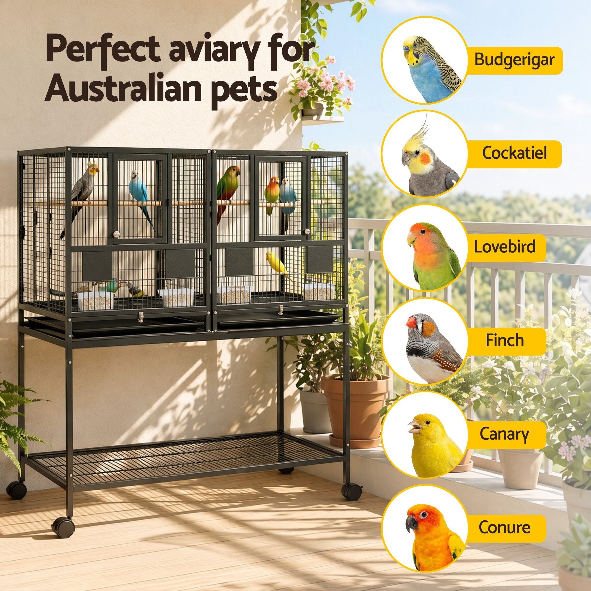 i.Pet 2-in-1 Bird Cage Aviary with Divider for Parrots and Budgies on Wheels - 106cm Black