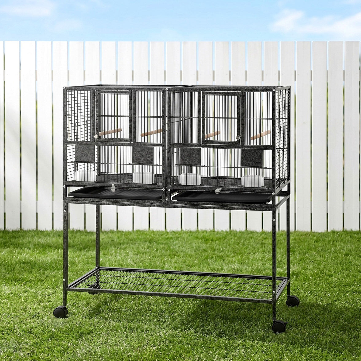 i.Pet 2-in-1 Bird Cage Aviary with Divider for Parrots and Budgies on Wheels - 106cm Black