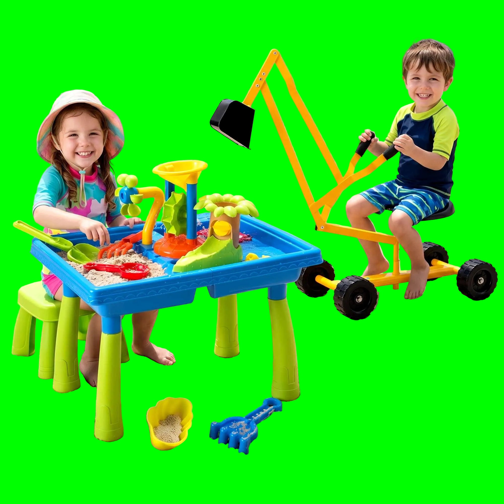 Two children playing with a sand table and toy car on a beach.