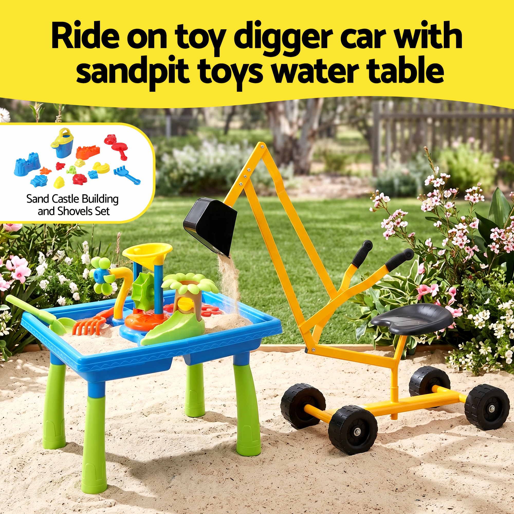 Keezi Ride On Digger Set with Sand and Water Table Sandpit Toys