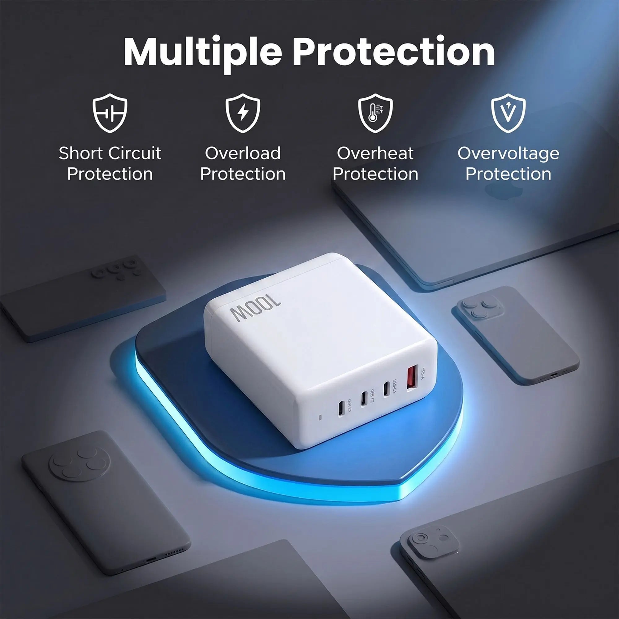 100W USB C Fast Charger - Devanti 4-Port GaN Desktop Station for Ultimate Convenience