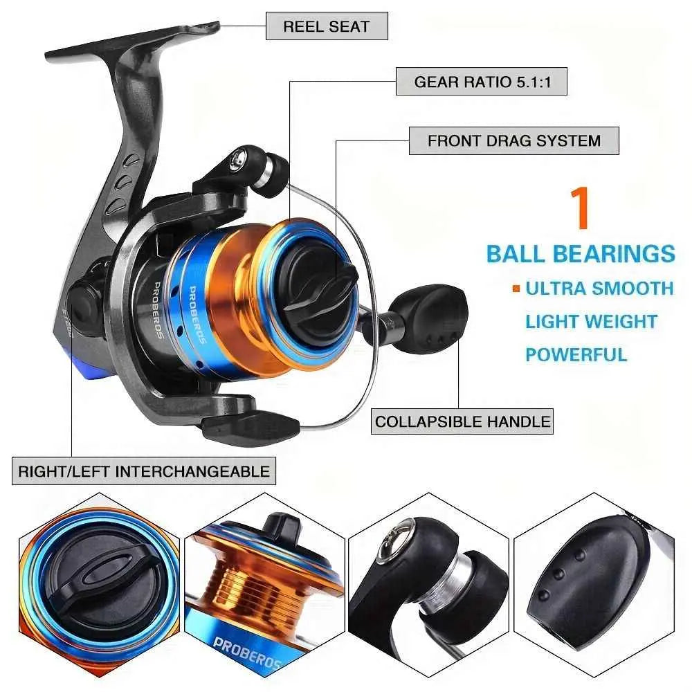 Proberus fishing rod reel set, including spinning reel, 2.4-meter fishing rod, fishing line, artificial bait, lead weight hook, complete set with storage bag