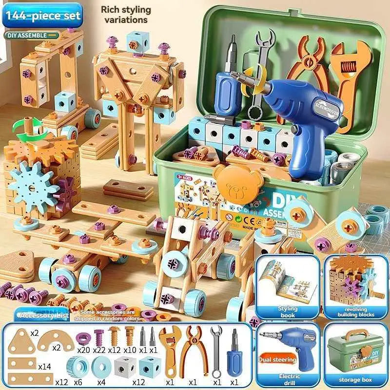 DIY Assembly Toy for Kids - 144pcs Wooden Building Set with Electric Drill