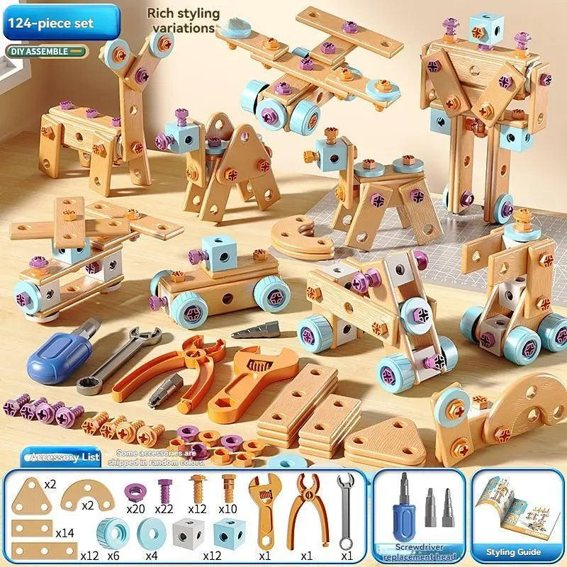 DIY Assembly Toy for Kids - 144pcs Wooden Building Set with Electric Drill