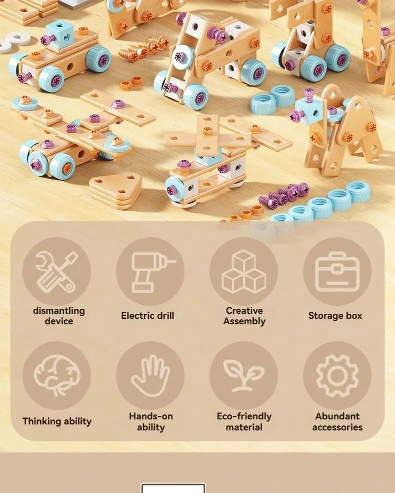 DIY Assembly Toy for Kids - 144pcs Wooden Building Set with Electric Drill