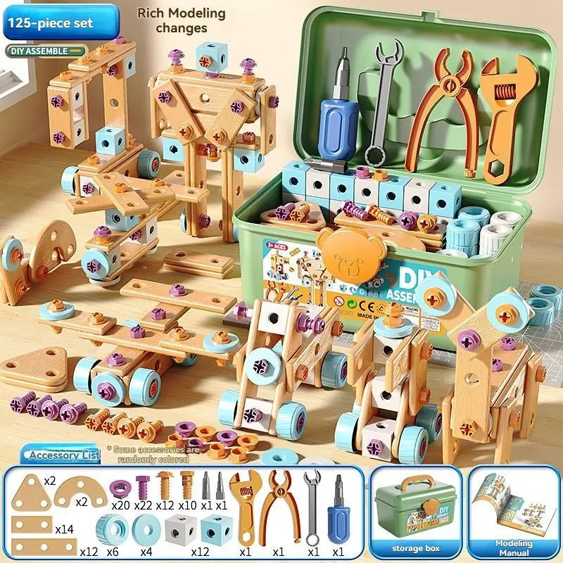DIY Assembly Toy for Kids - 144pcs Wooden Building Set with Electric Drill
