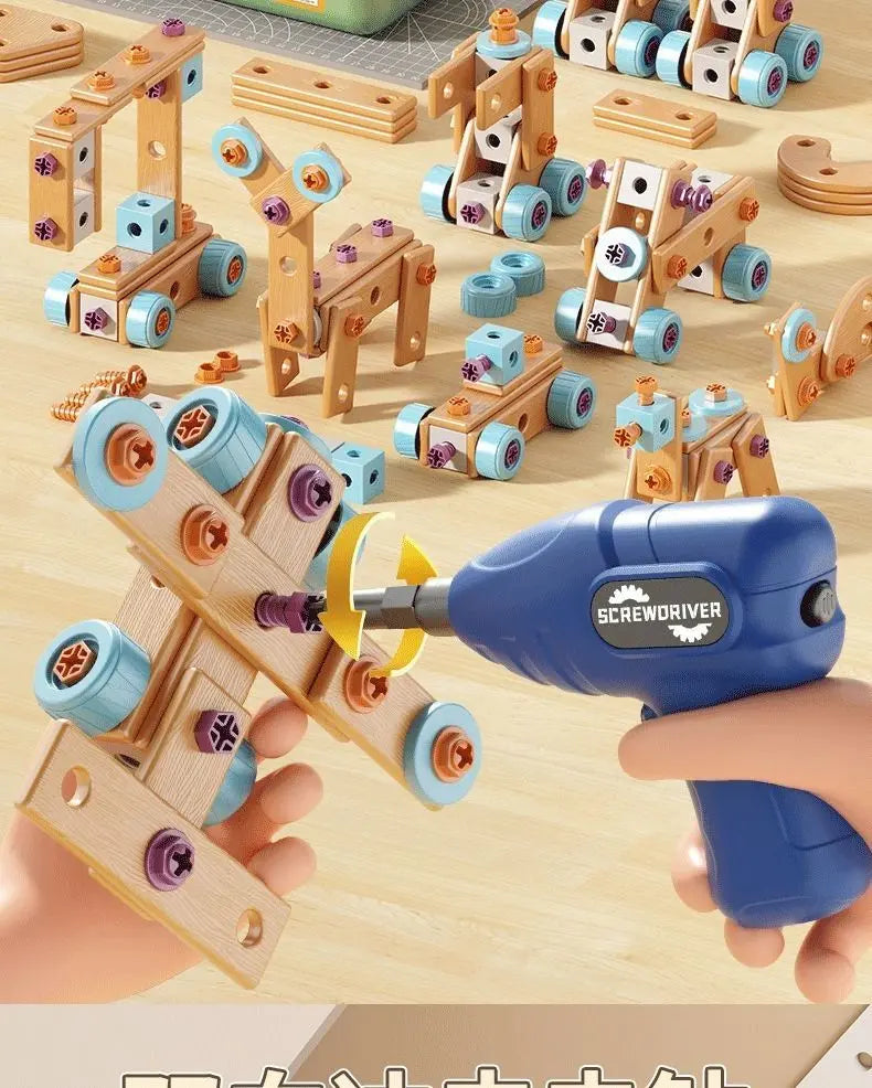 DIY Assembly Toy for Kids - 144pcs Wooden Building Set with Electric Drill