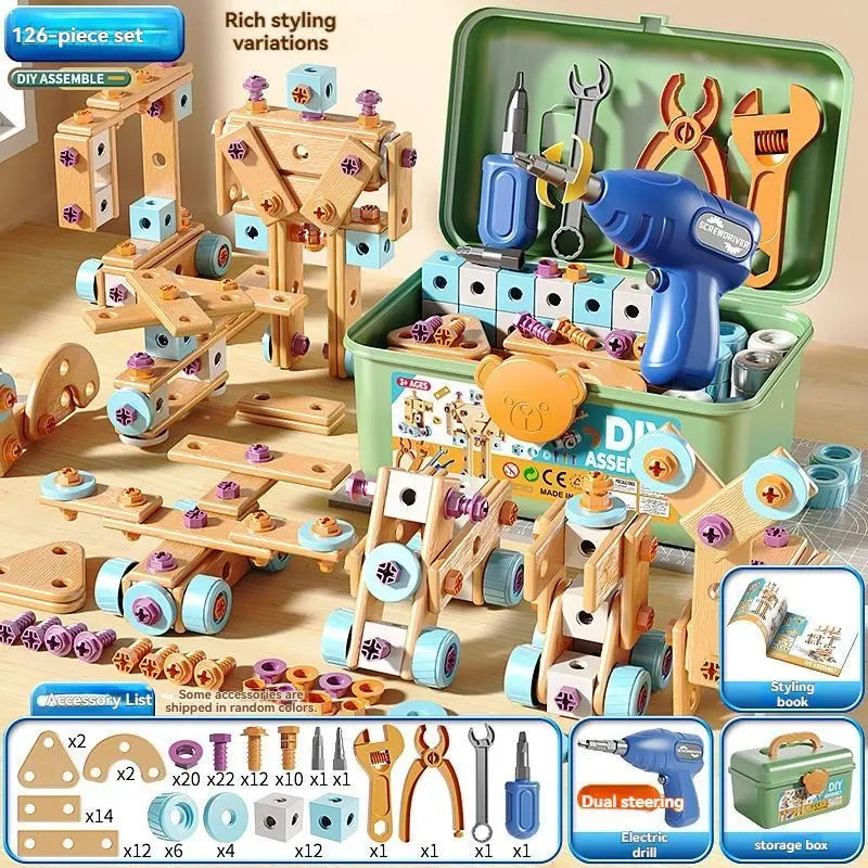 DIY Assembly Toy for Kids - 144pcs Wooden Building Set with Electric Drill