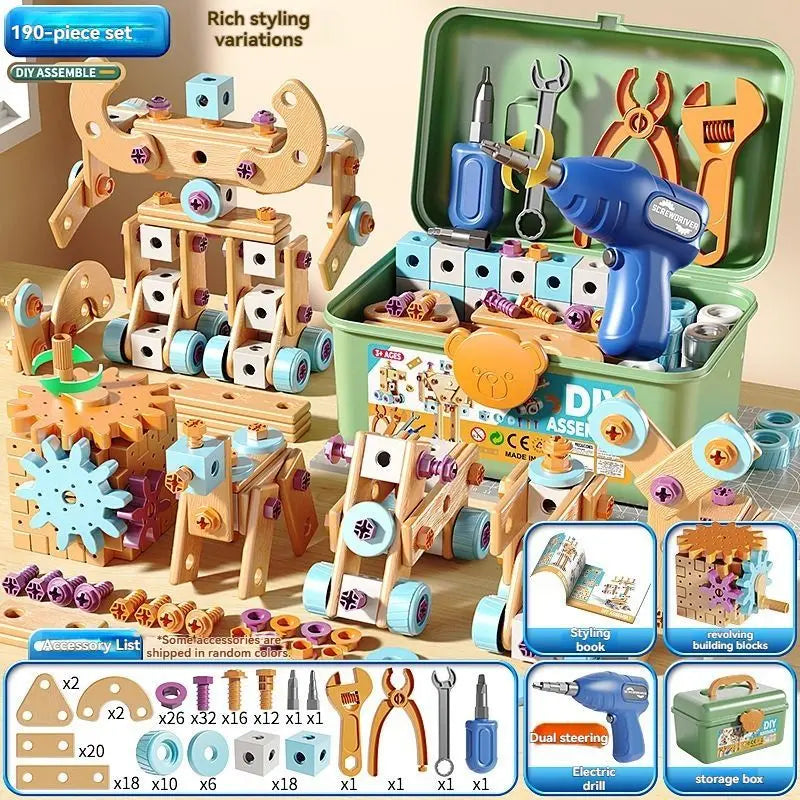 DIY Assembly Toy for Kids - 144pcs Wooden Building Set with Electric Drill