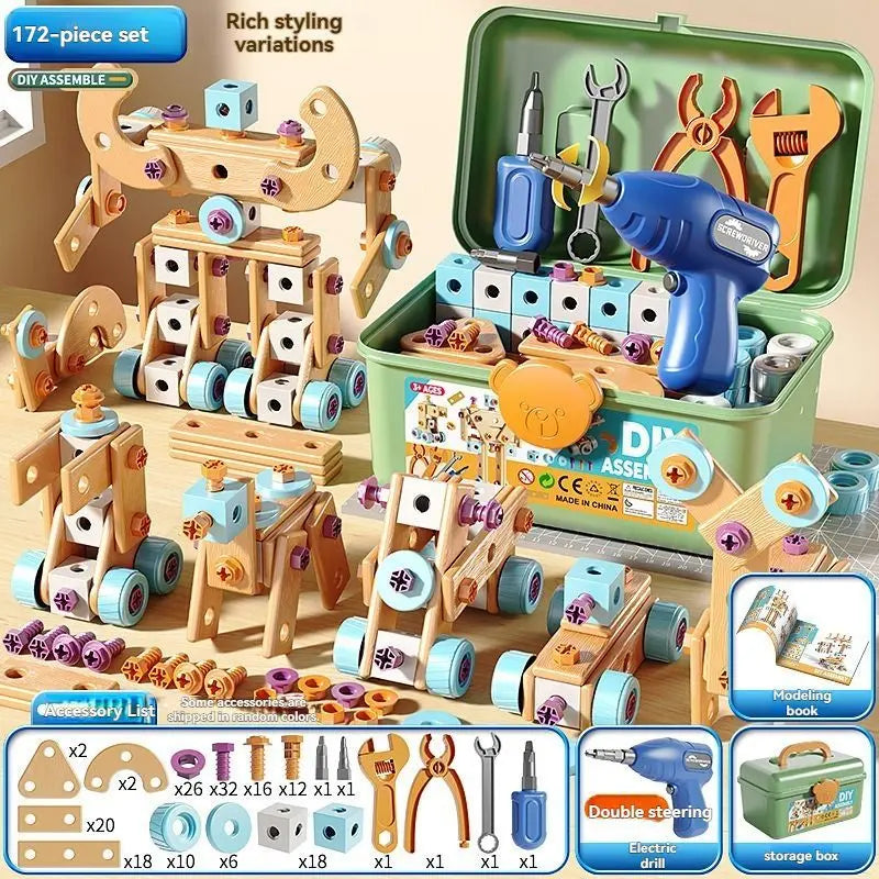 DIY Assembly Toy for Kids - 144pcs Wooden Building Set with Electric Drill